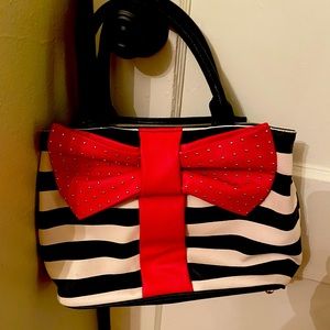 Betsey Johnson Black & White Striped Handbag w/bow